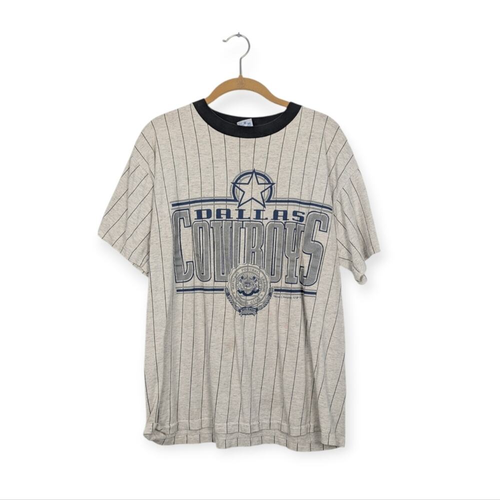 Vintage Dallas Cowboys Ringer Tee L Pinstripe USA Cotton NFL Graphic Retro